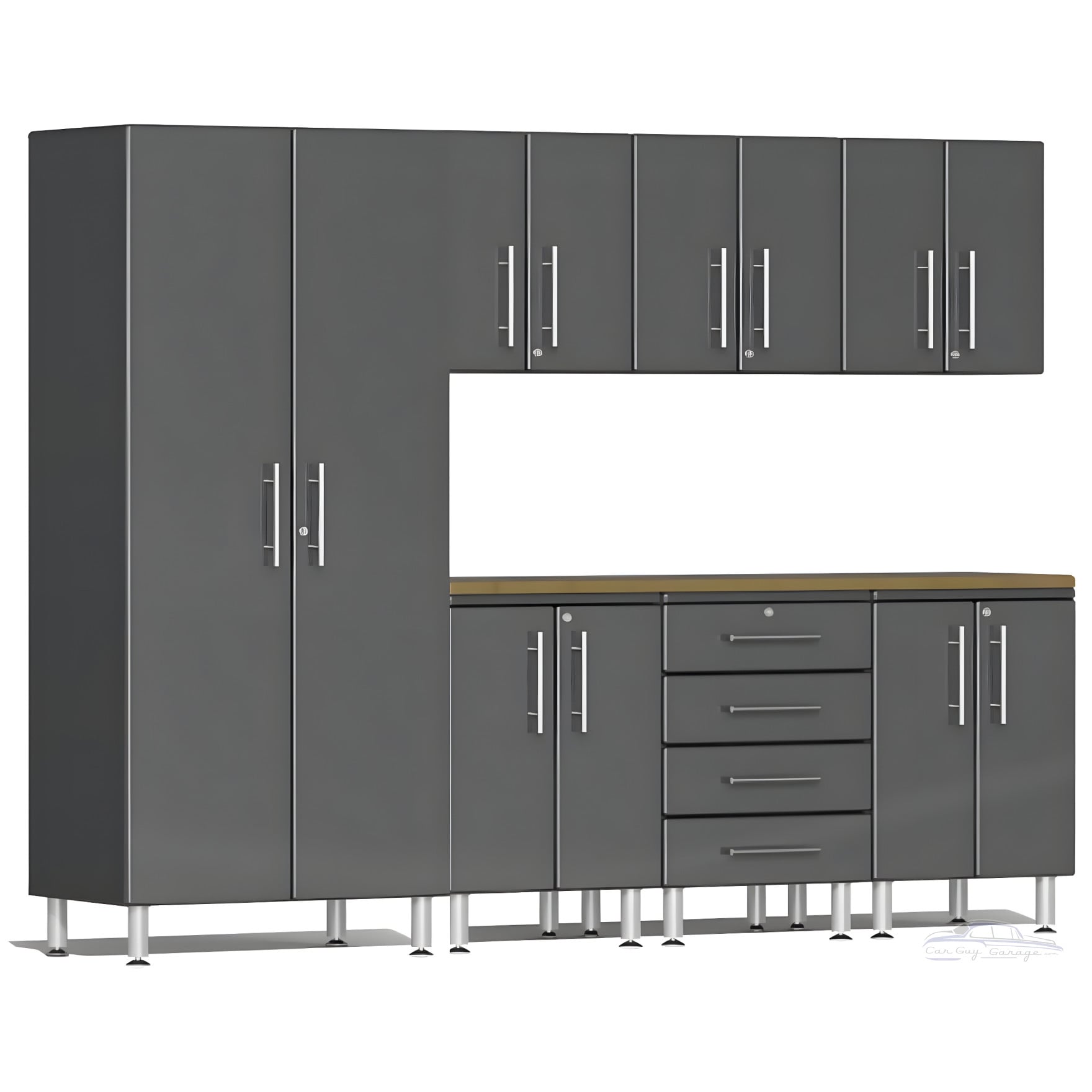 Grey Modular 8-Piece Garage Cabinet Set with Bamboo Butcher Block Top