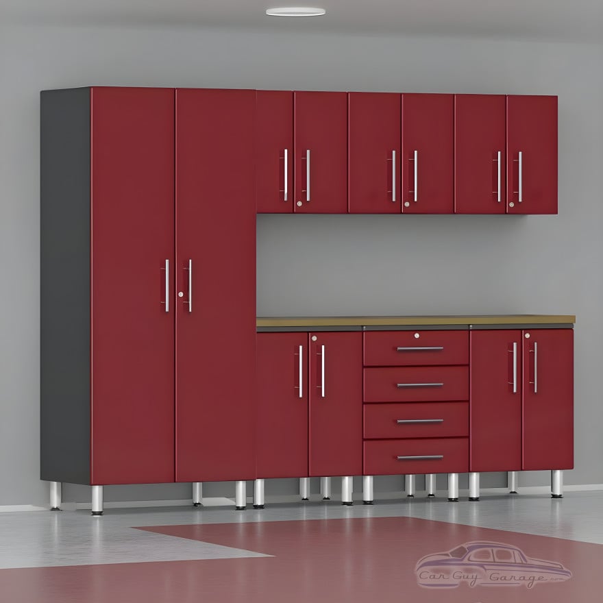 Red Modular 8-Piece Garage Cabinet Workbench Kit with Bamboo Worktop