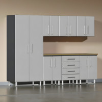 Silver Modular 8-Piece Garage Cabinets with Bamboo Worktop