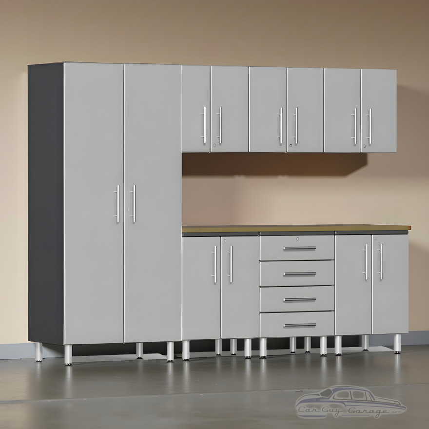 Silver Modular 8-Piece Garage Cabinets with Bamboo Worktop