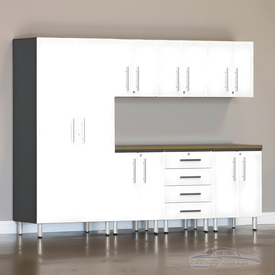 White Modular 8-Piece Garage Cabinet Set with Bamboo Butcher Block Top