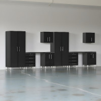 Black Modular 10-Piece Garage Cabinet Set with Dual Workbenches