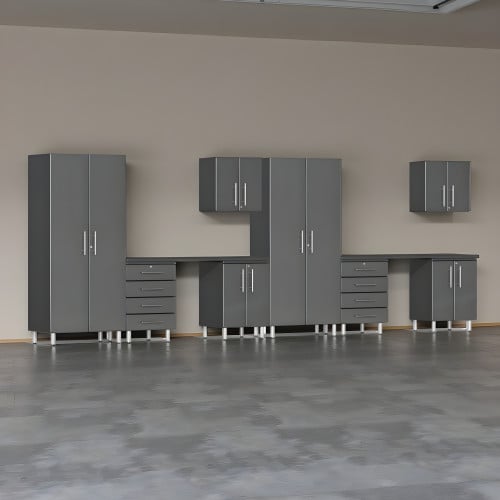 Grey Modular 10-Piece Cabinet Set with Dual Workstation