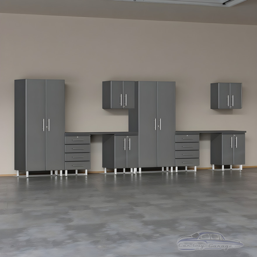 Grey Modular 10-Piece Cabinet Set with Dual Workstation