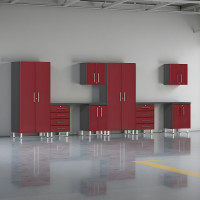 Red Modular 10-Piece Garage Storage Cabinet Set with Dual Workbench