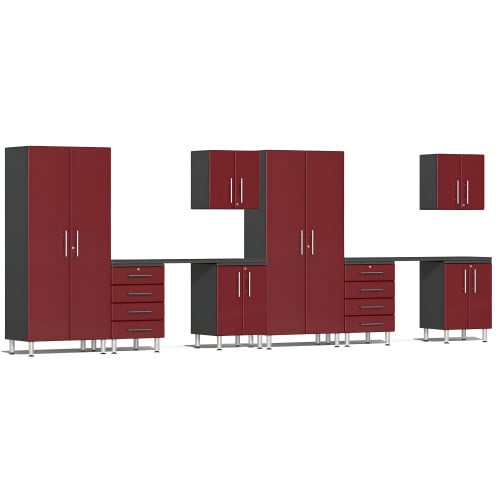 Red Modular 10-Piece Cabinet Set with Dual Workstation