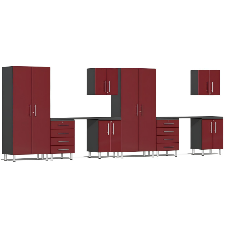Red Modular 10-Piece Cabinet Set with Dual Workstation Red Modular 10-Piece Cabinet Set with Dual Workstation