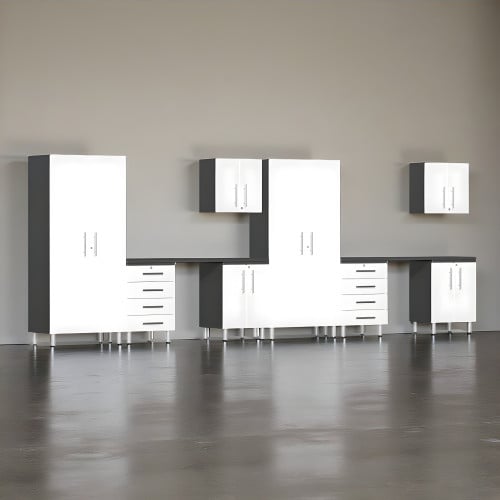 White Modular 10-Piece Cabinet Set with Dual Workstation