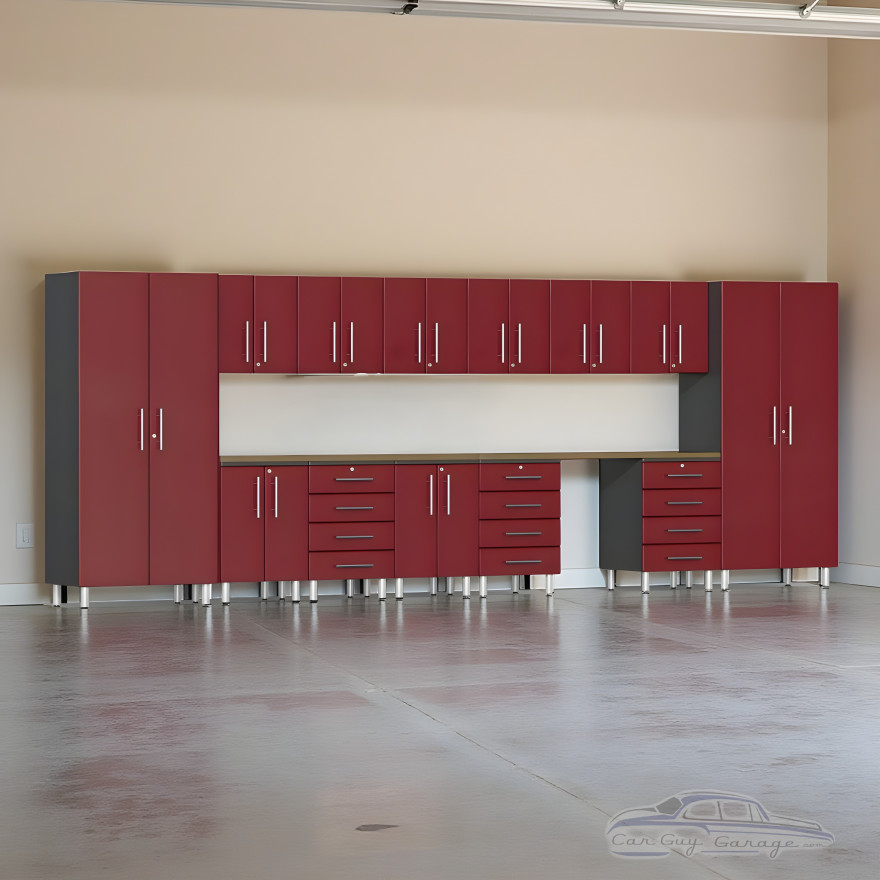 Red Modular 15-Piece Garage Storage Cabinet Set with Workbench