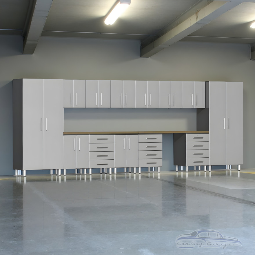 Silver Modular 15-Piece Garage Cabinet Workstation Set