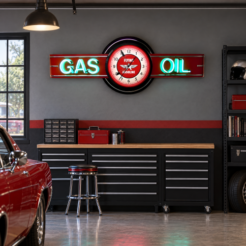 Flying A Gasoline Neon Garage Clock Sign - 72" x 26"