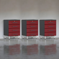 Red Modular 3-Pc 4-Drawer Base Garage Cabinets, Top-Drawer Lock