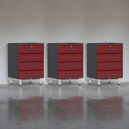 Red Modular Set of 3 Four Drawer Base Cabinets