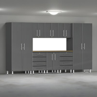 Grey Modular 142-Inch 9-Piece Garage Cabinet Set with Bamboo Worktop