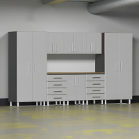 Silver Modular 9-Piece Garage Cabinet Set with Bamboo Worktop