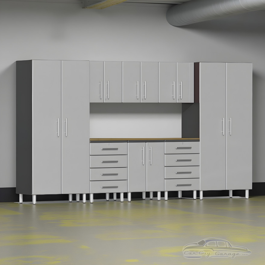 Silver Modular 9-Piece Garage Cabinet Set with Bamboo Worktop