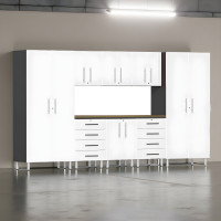 White Modular 9-Piece Garage Storage Cabinet Set with Workbench