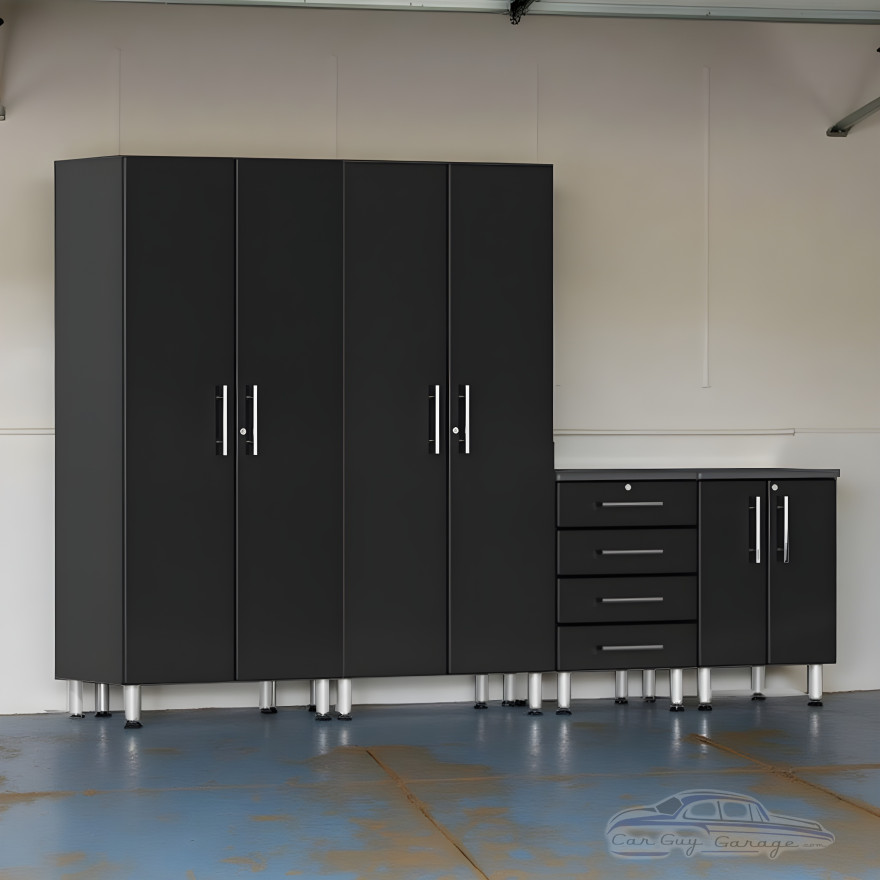 Black Modular 4-Piece Garage Cabinet Set with Tall Closets & Drawers