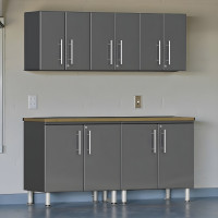 Grey Modular 6-Piece Garage Workstation with Bamboo Top