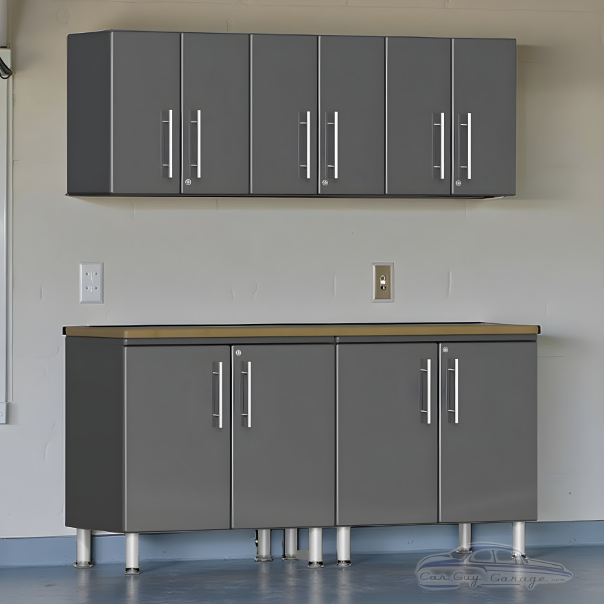 Grey Modular 6-Piece Garage Workstation with Bamboo Top