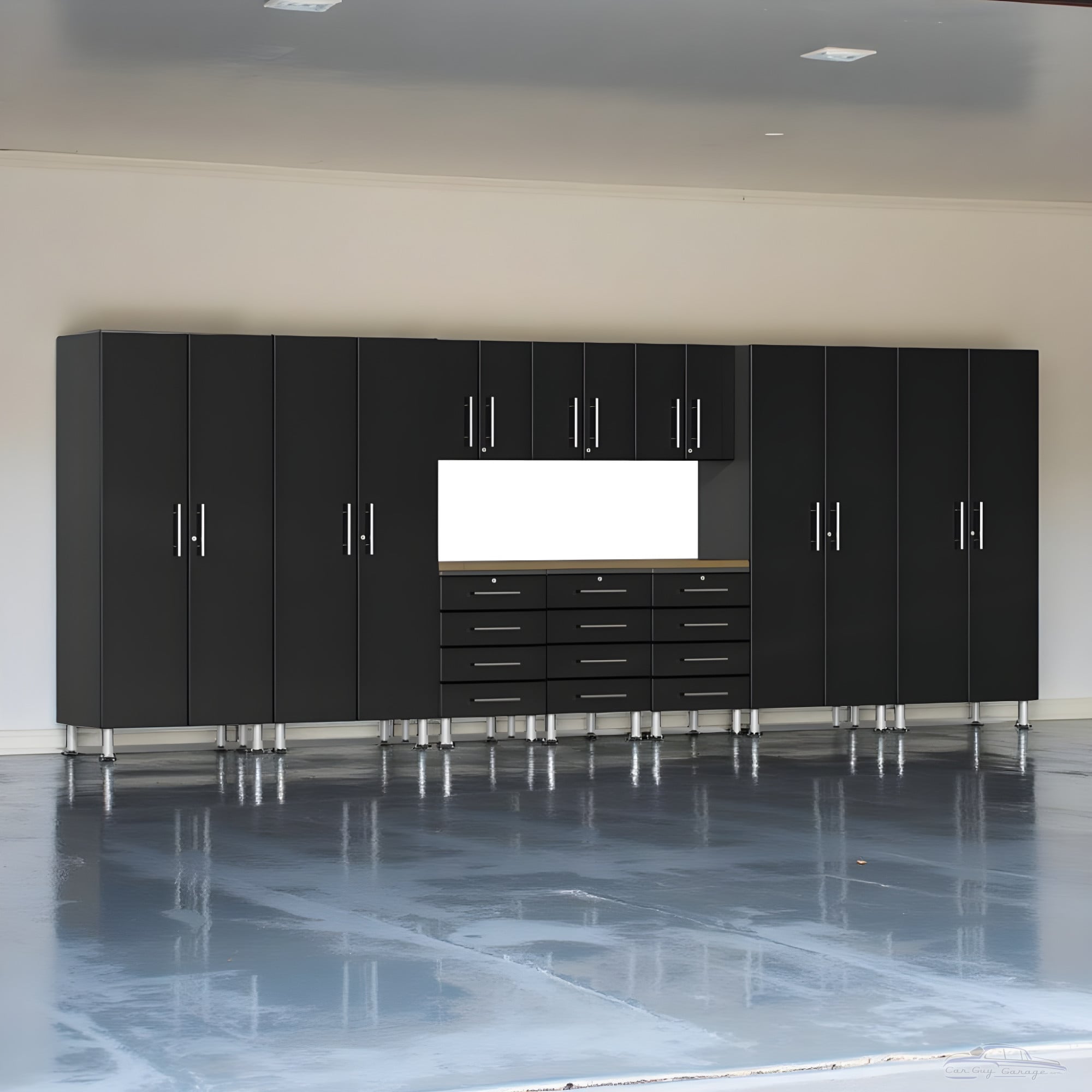 Black Modular 11-Piece Garage Cabinets with Closets & Drawer Workbench