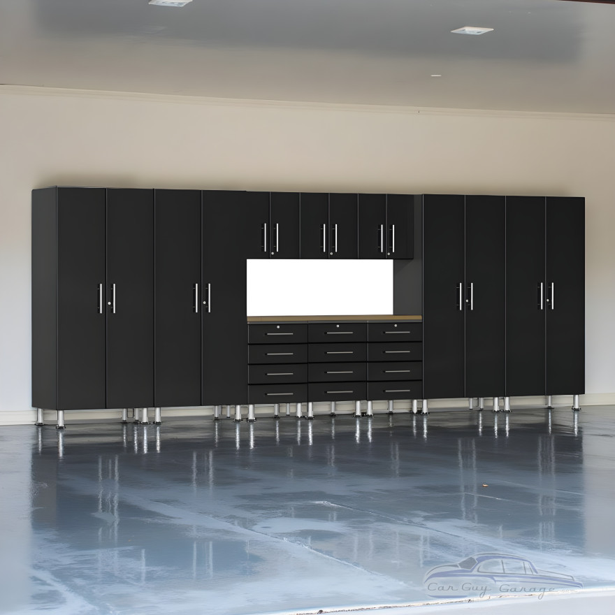 Black Modular 11 Piece Storage Closets and Drawered Workbench Black Modular 11 Piece Storage Closets and Drawered Workbench