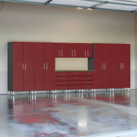 Red Modular 11-Piece Garage Cabinet Set: Tall Closets, Wall, Workbench