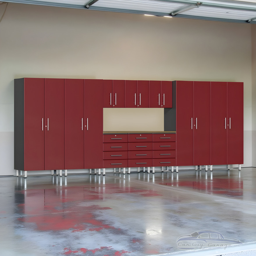 Red Modular 11-Piece Garage Cabinet Set: Tall Closets, Wall, Workbench