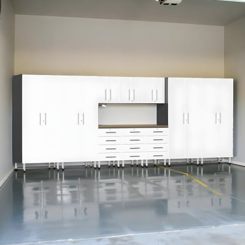 White Modular 11 Piece Storage Closets and Drawered Workbench