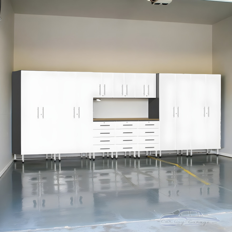 White Modular 11-Piece Garage Cabinet Set with Drawer Workbench