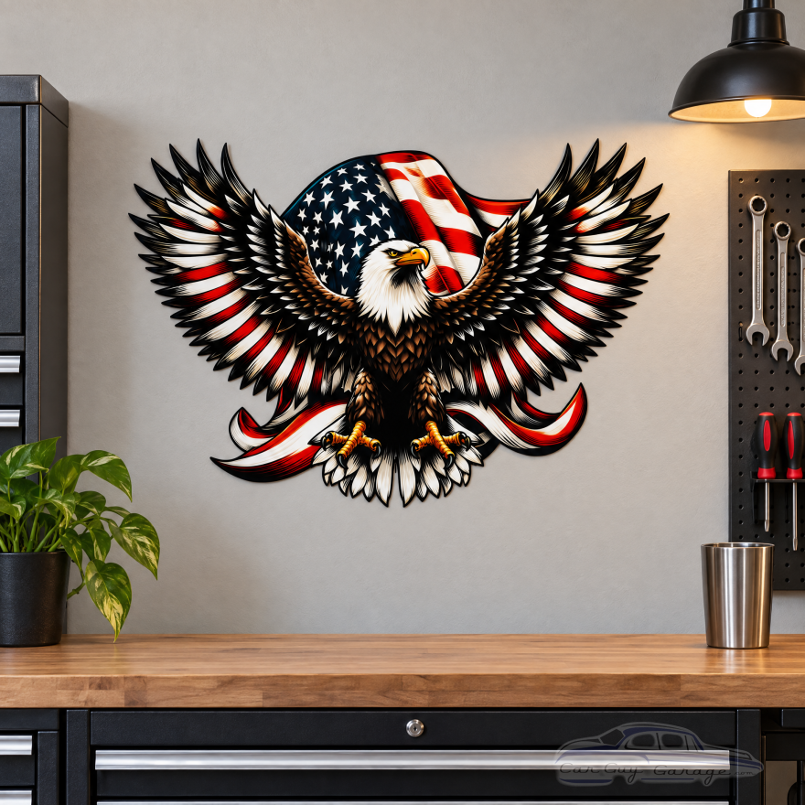 Bald Eagle with American Flag Metal Wall Art Sign - 25" x 17"