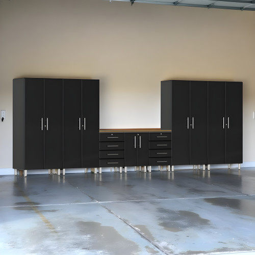 Black Modular 8-Piece Lockable Garage Cabinet Set with Bamboo Worktop