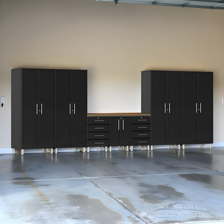 Black Modular 8-Piece Lockable Garage Cabinet Set with Bamboo Worktop