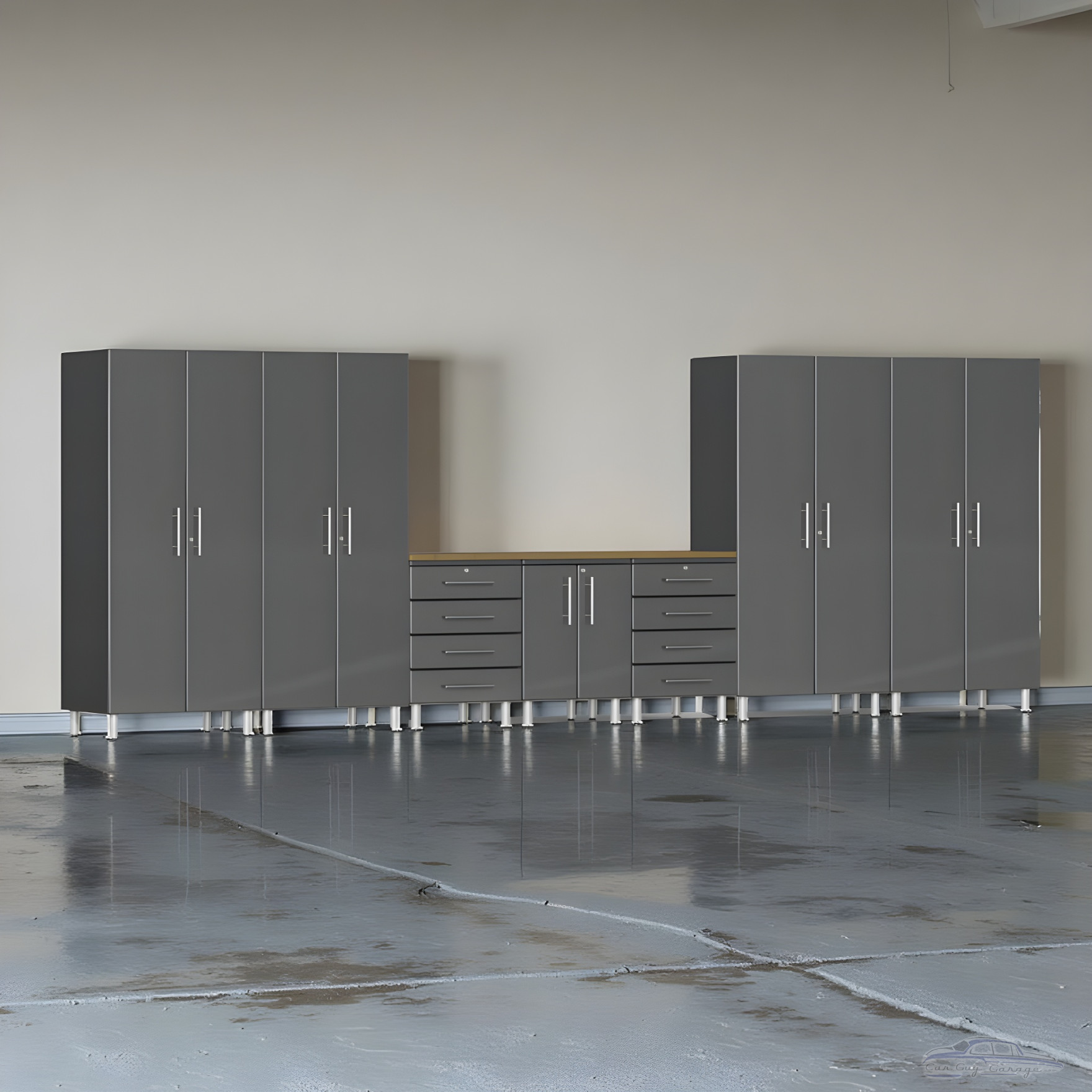 Grey Modular 8-Pc Garage Cabinets Set with Bamboo Workbench