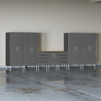 Grey Modular 8-Pc Garage Cabinets Set with Bamboo Workbench