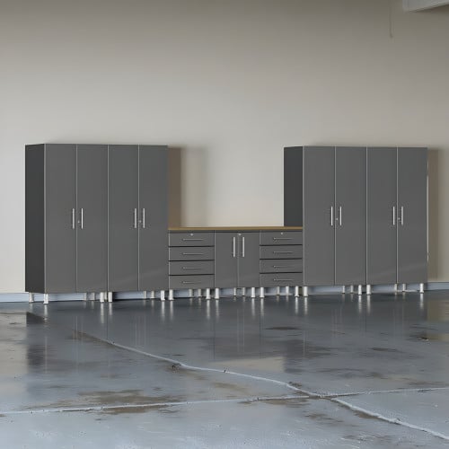Grey Modular 8-Pc Garage Cabinets Set with Bamboo Workbench