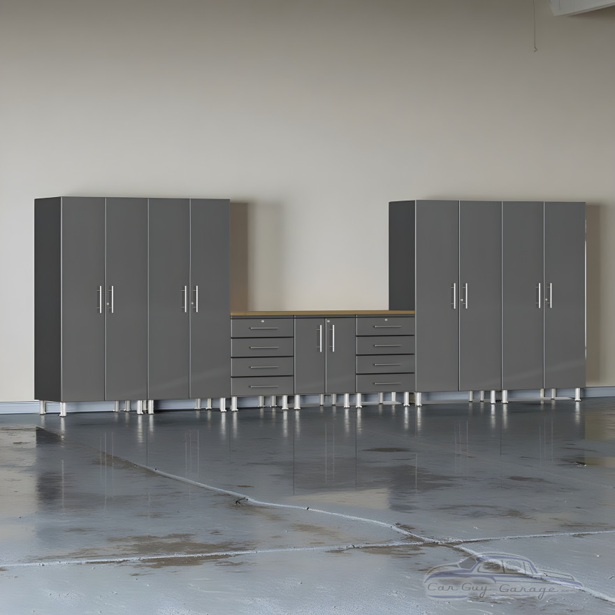 Grey Modular 8-Pc Garage Cabinets Set with Bamboo Workbench