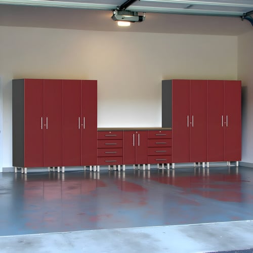 Red Modular 8-Piece Garage Cabinet Set with Bamboo Worktop