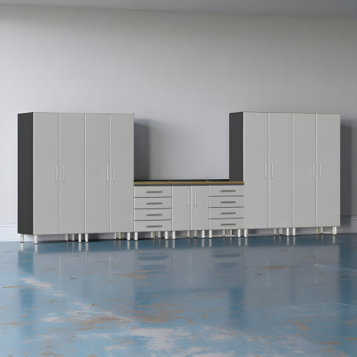 Silver Modular 8-Piece Locking Garage Cabinet Set with Workbench