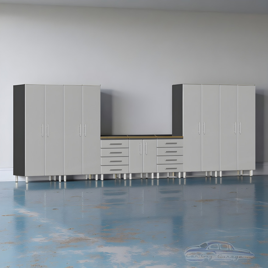 Silver Modular 8-Piece Locking Garage Cabinet Set with Workbench