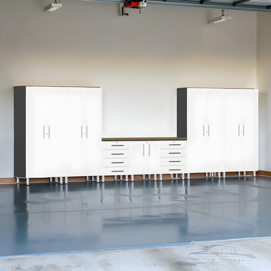 White Modular 8-Piece Garage Cabinets with Bamboo Top