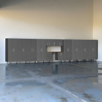 Grey Modular 14-Piece Jumbo Garage Cabinet Set w/ Tall Closets & Bench