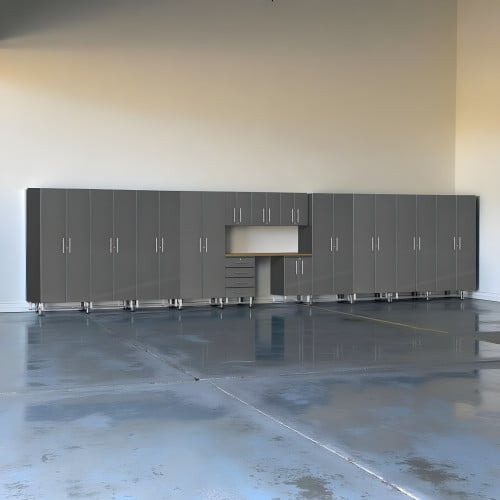 Grey Modular 14-Piece Jumbo Garage Cabinet Set w/ Tall Closets & Bench