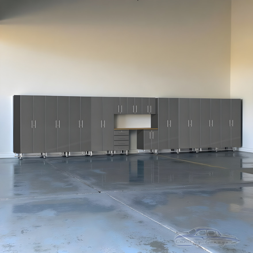 Grey Modular 14-Piece Jumbo Garage Cabinet Set w/ Tall Closets & Bench