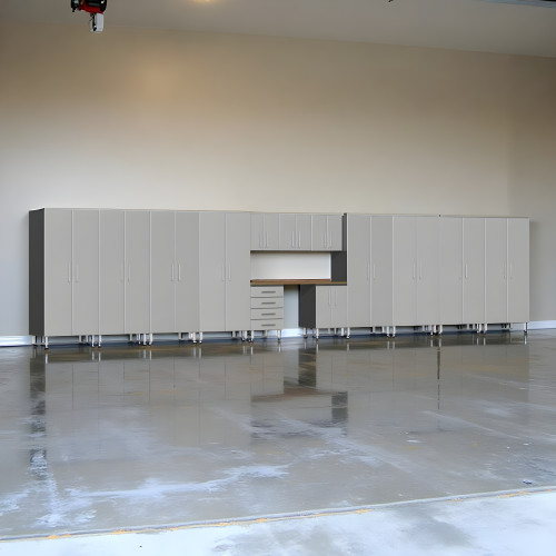 Silver Modular 14-Piece Lockable Garage Cabinets with Workbench