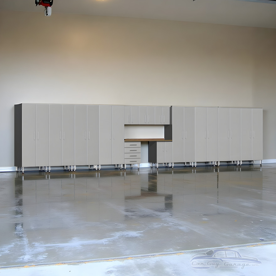 Silver Modular 14-Piece Lockable Garage Cabinets with Workbench