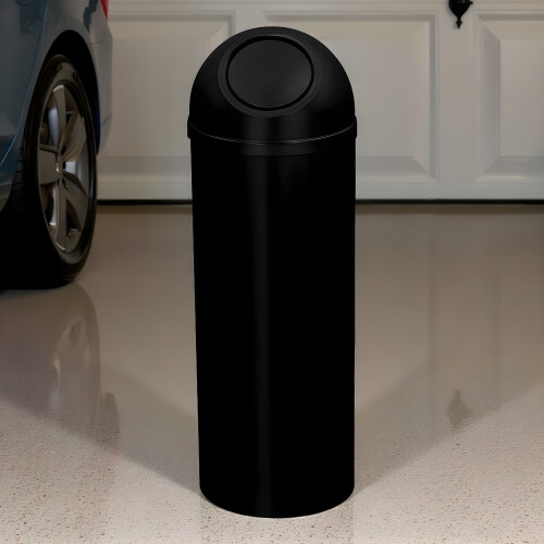 Satin Black Dome-Top Steel Garage Trash Can, Self-Closing Door