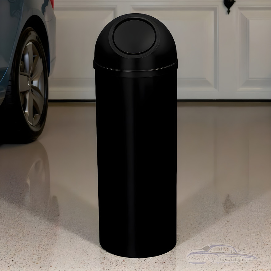Satin Black Dome-Top Steel Garage Trash Can, Self-Closing Door