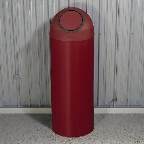 Dark Red Dome-Top Powder-Coated Steel Trash Can with Self-Closing Push Door