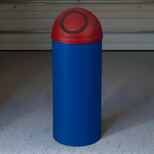 Dark Red and Blue Dome-Top Steel Trash Can with Self-Closing Push Door